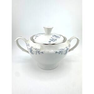 Vintage Smielow Poland Porcelain Sugar Bowl Lid Blue Floral‎ Silver Trim